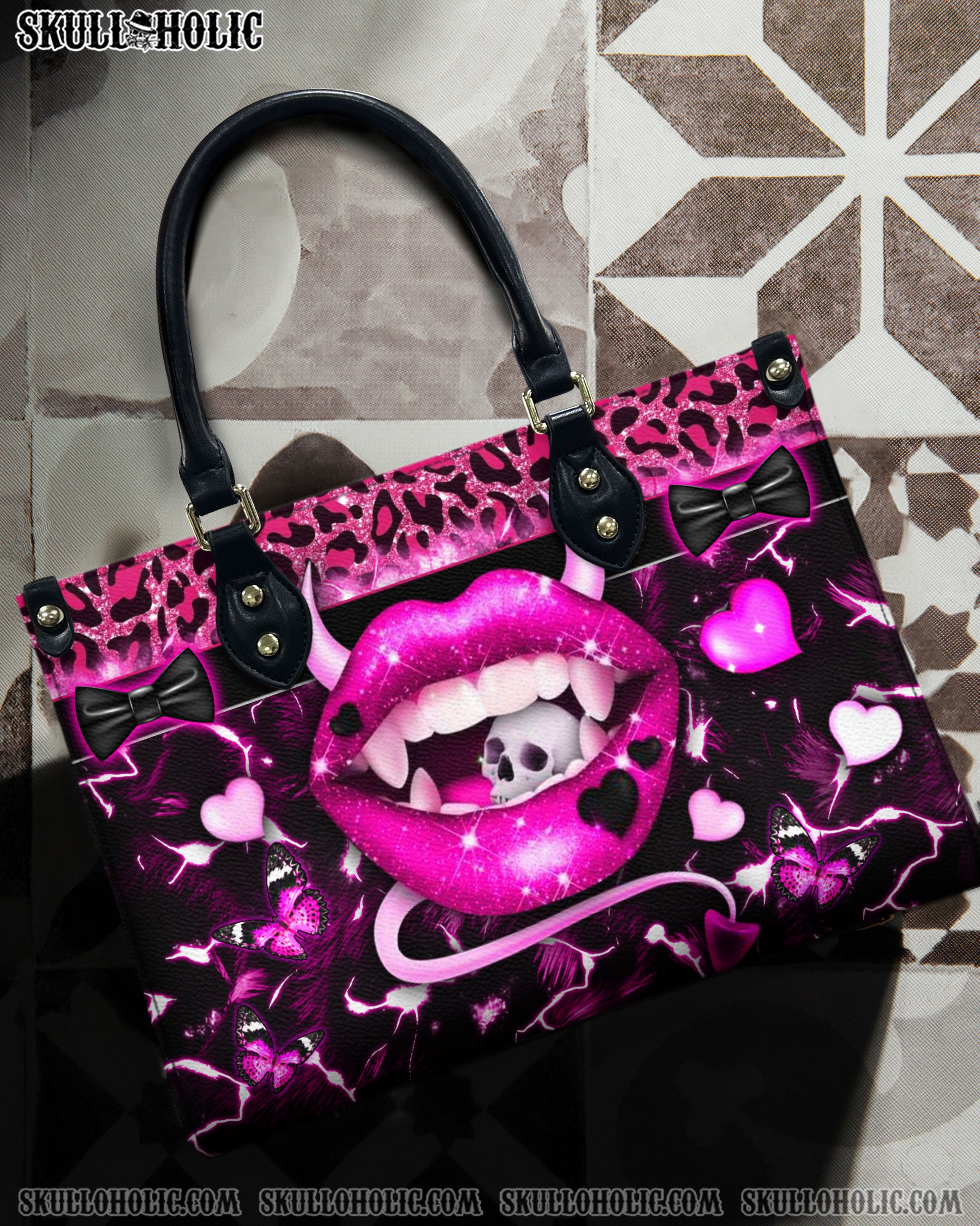 PINK EVIL LIPS LEATHER HANDBAG - YHDU0912244