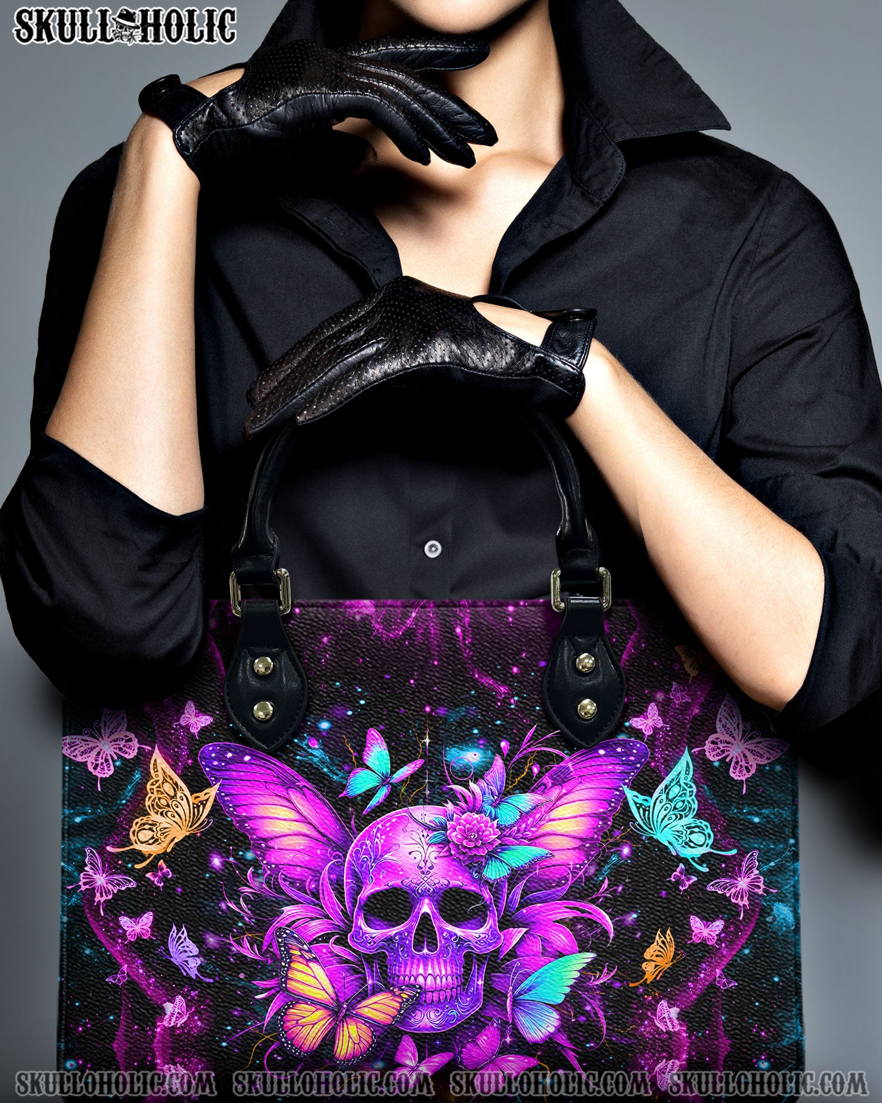 SKULL BUTTERFLIES LEATHER HANDBAG - YHDU0107244