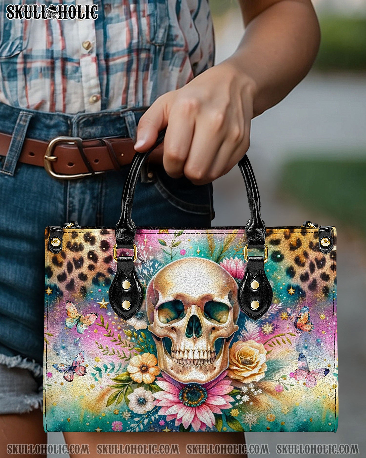 SKULL FLOWERS LEATHER HANDBAG - YHDU2606244