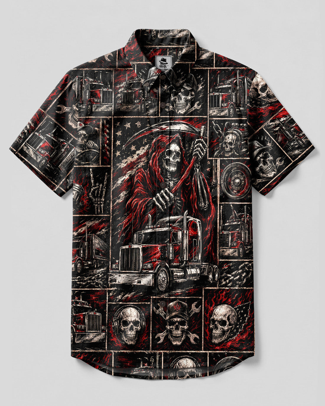 REAPER SKULL TRUCKER PATCHWORK BUTTON-DOWN COLLAR SHIRT  - TLNO2608261