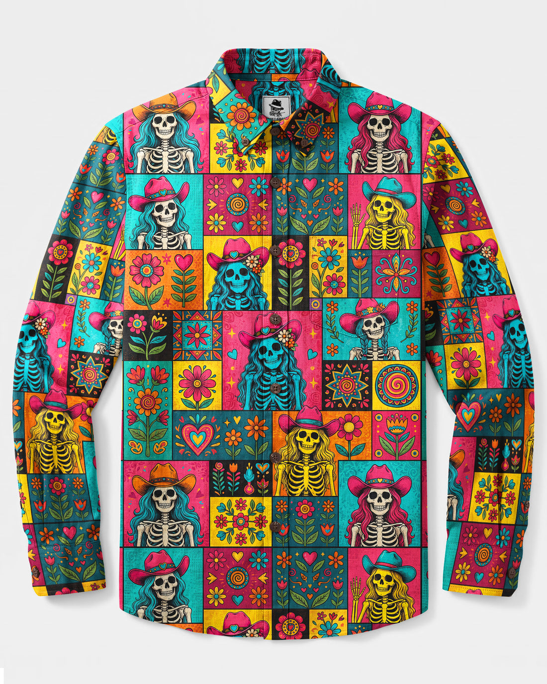 WESTERN COWGIRL SKULL FLORAL PATCHWORK LONG SLEEVE BUTTON-DOWN SHIRT - TYQY2808266