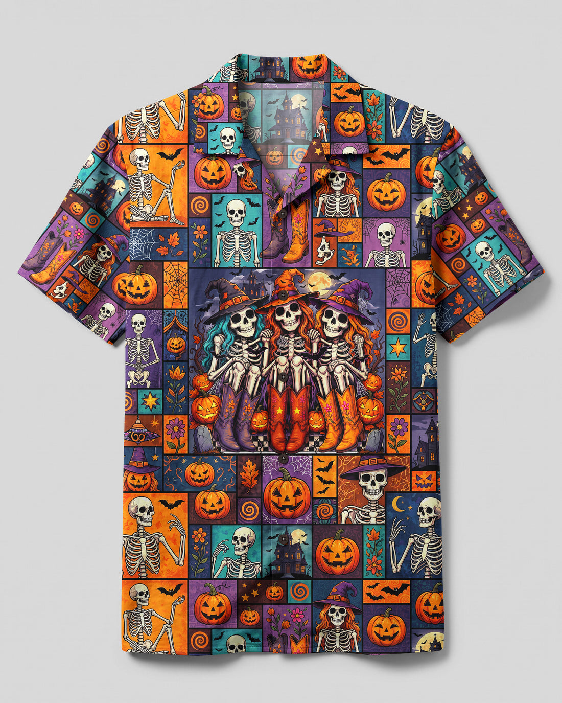 HALLOWEEN SKELETON WITCH SISTERS PATCHWORK CAMP SHIRT - TYQY27082622