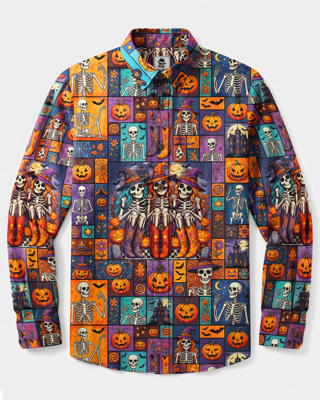 HALLOWEEN SKELETON WITCH SISTERS PATCHWORK LONG SLEEVE BUTTON-DOWN SHIRT - TYQY27082623