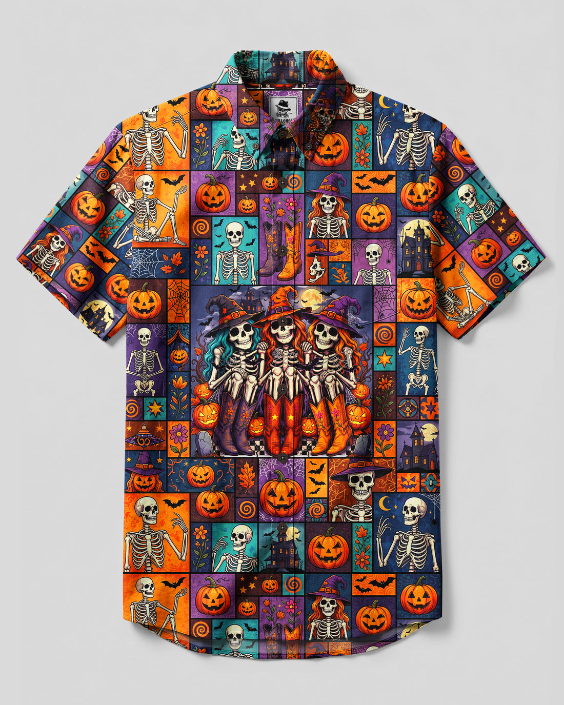 HALLOWEEN SKELETON WITCH SISTERS PATCHWORK BUTTON-DOWN COLLAR SHIRT - TYQY27082621