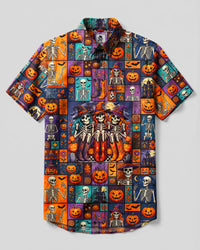 HALLOWEEN SKELETON WITCH SISTERS PATCHWORK BUTTON-DOWN COLLAR SHIRT - TYQY27082621