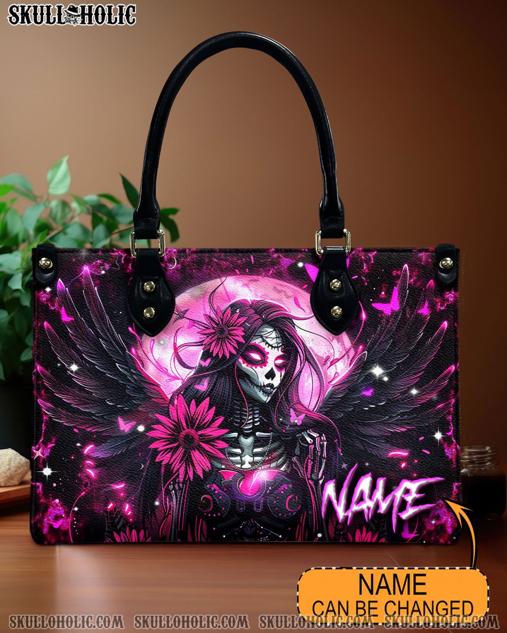 PINK BLACK SKULL LADY LEATHER HANDBAG - YHDU1410244