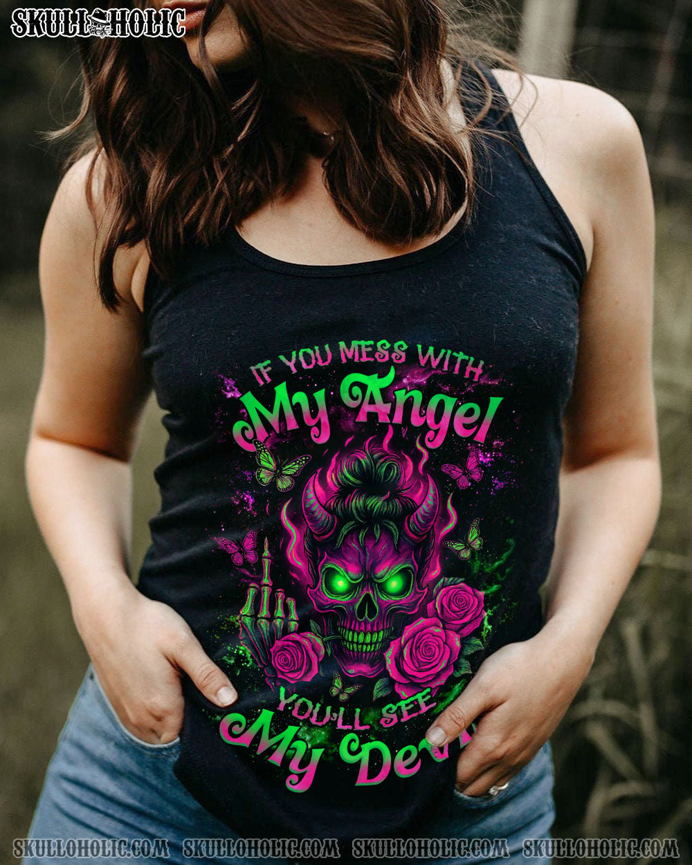 IF YOU MESS WITH MY ANGEL MESSY BUN SKULL ALL OVER PRINT - TLNZ2207251