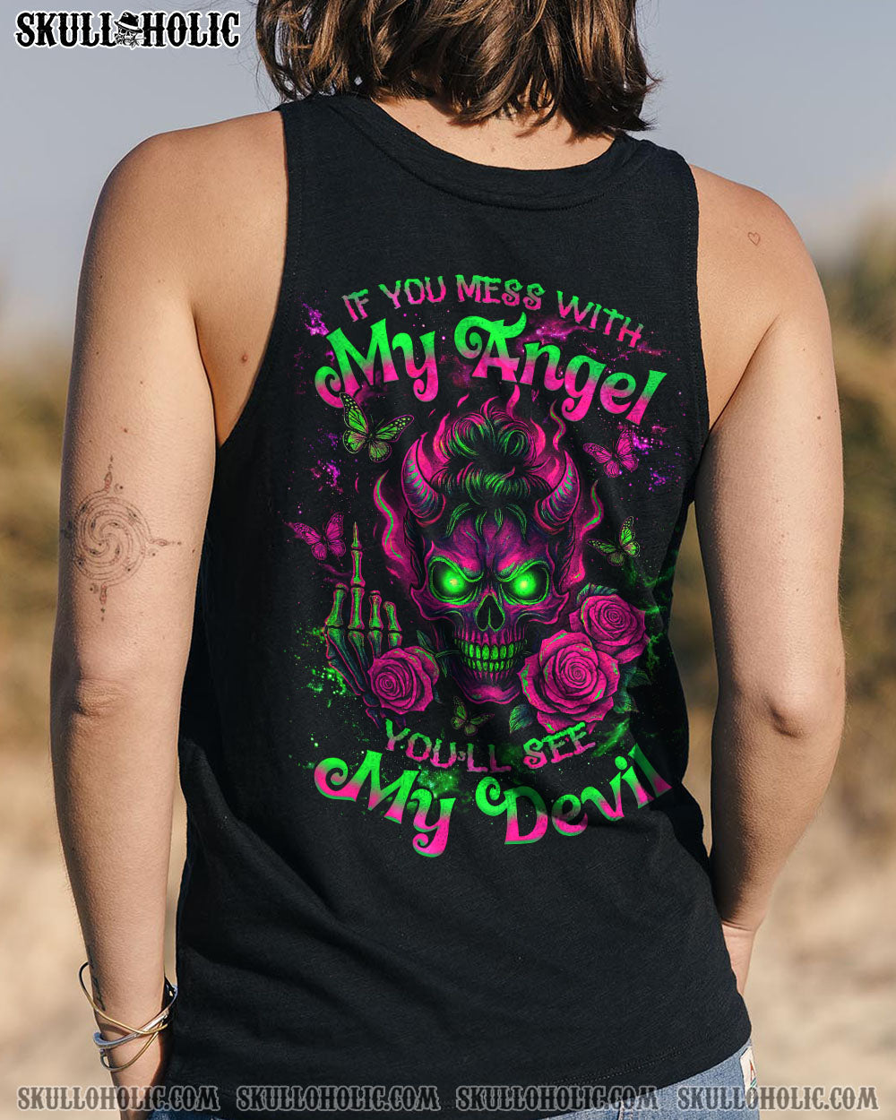 IF YOU MESS WITH MY ANGEL MESSY BUN SKULL ALL OVER PRINT - TLNZ2207251