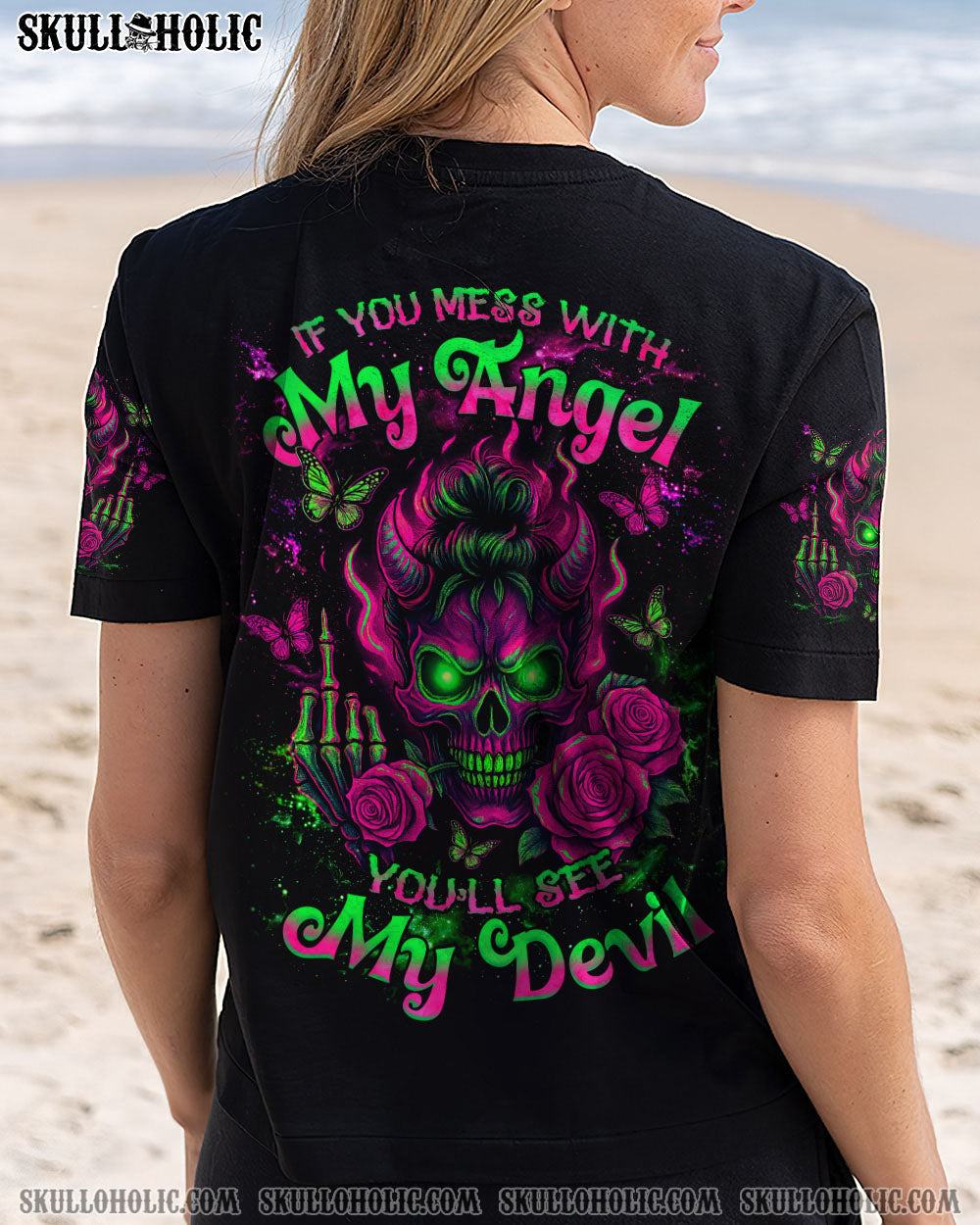 IF YOU MESS WITH MY ANGEL MESSY BUN SKULL ALL OVER PRINT - TLNZ2207251