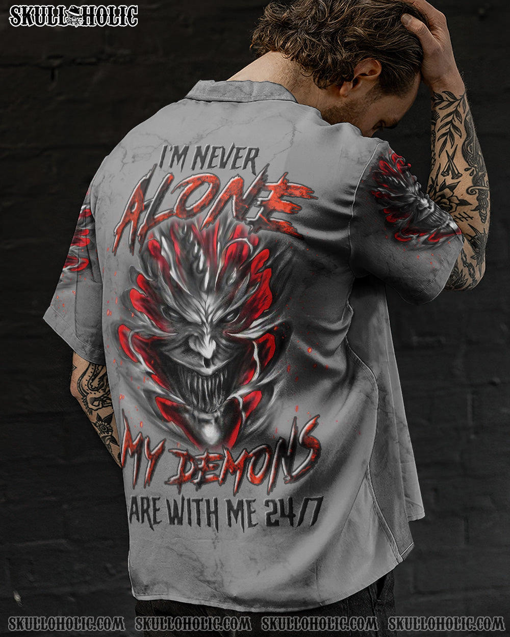 I'M NEVER ALONE SKULL DEMON HAWAIIAN SHIRT - YHLN0906233