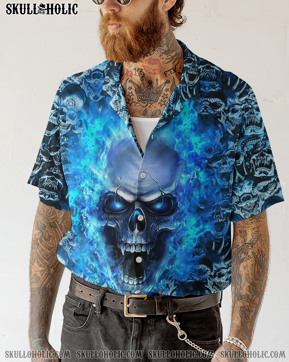 BLUE FLAMING SKULL HAWAIIAN SHIRT - YHLN1406234