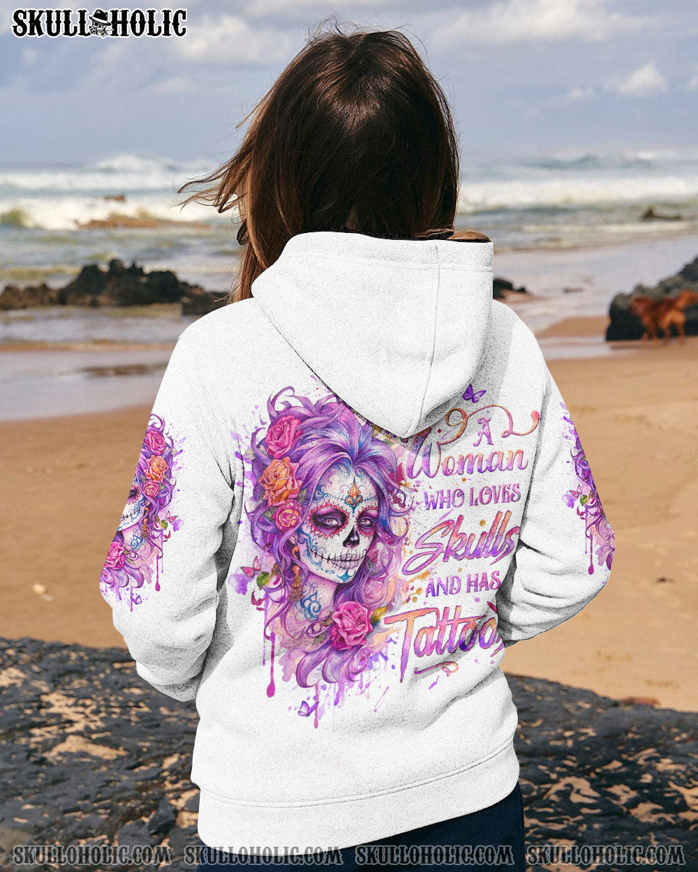 JUST A WOMAN WHO LOVES SKULLS AND HAS TATTOOS ALL OVER PRINT - YHLT2207241