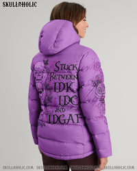 STUCK BETWEEN IDK IDC AND IDGAF SKULL PUFFER JACKET - YHLN1311249