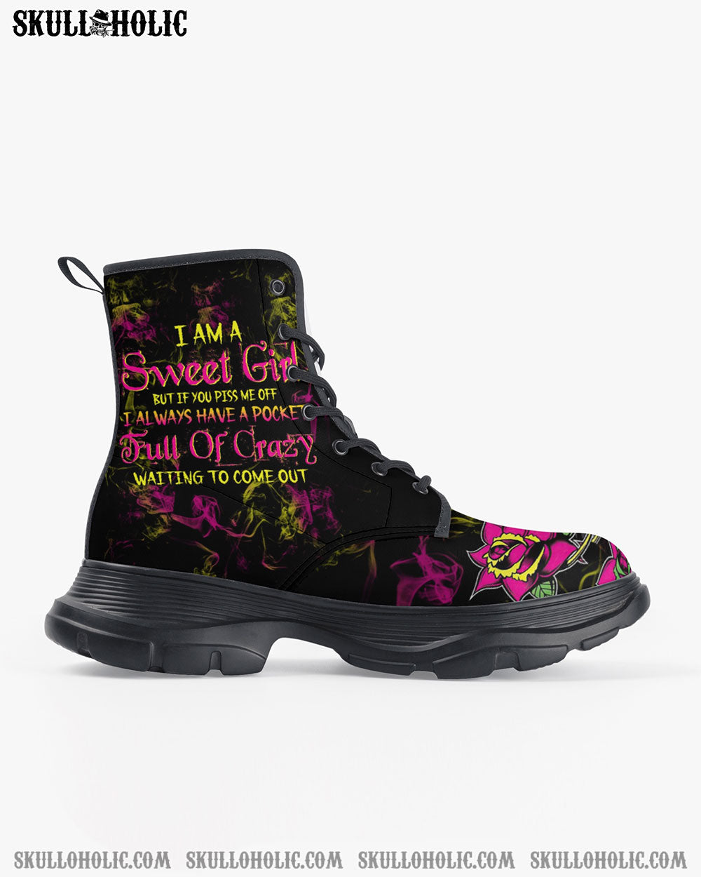 I AM A SWEET GIRL BUT IF YOU PISS ME OFF SUGAR SKULL CHUNKY LEATHER BOOTS - TLTW1412225