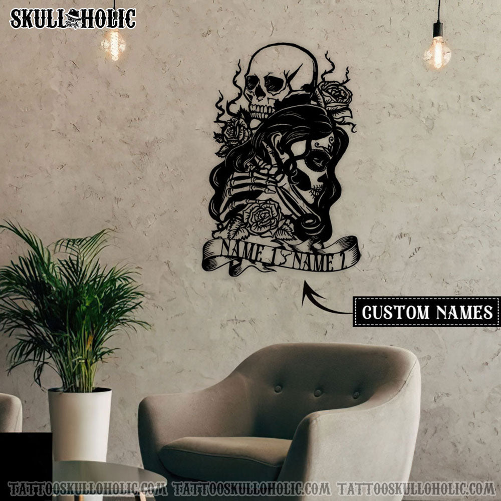 PERSONALIZED SKULL COUPLE METAL SIGN - TLTR1403225