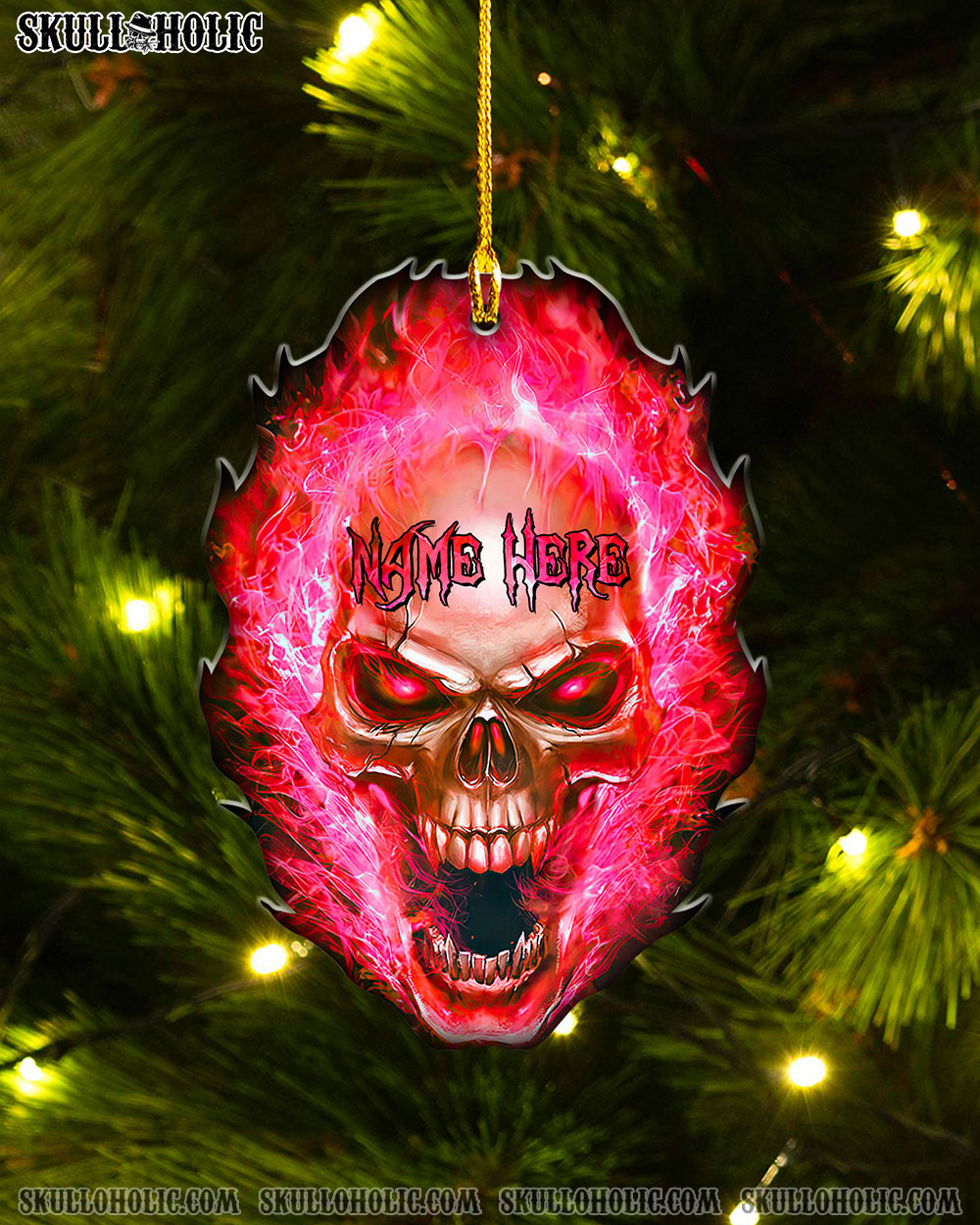 PERSONALIZED FLAMING SKULL DOUBLE WOODEN ORNAMENT - TLTR3110224