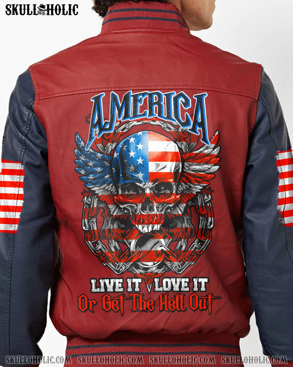AMERICA LIVE IT LOVE IT OR GET THE HELL OUT SKULL LEATHER BOMBER JACKET - TLNO1210222