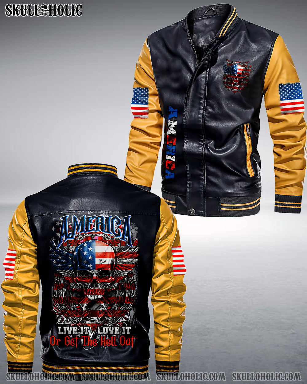 AMERICA LIVE IT LOVE IT OR GET THE HELL OUT SKULL LEATHER BOMBER JACKET - TLNO1210222