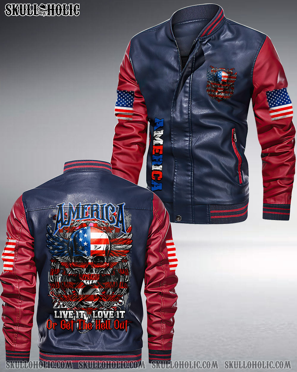 AMERICA LIVE IT LOVE IT OR GET THE HELL OUT SKULL LEATHER BOMBER JACKET - TLNO1210222