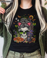HALLOWEEN CAT SKULL COTTON SHIRT - TY1709222